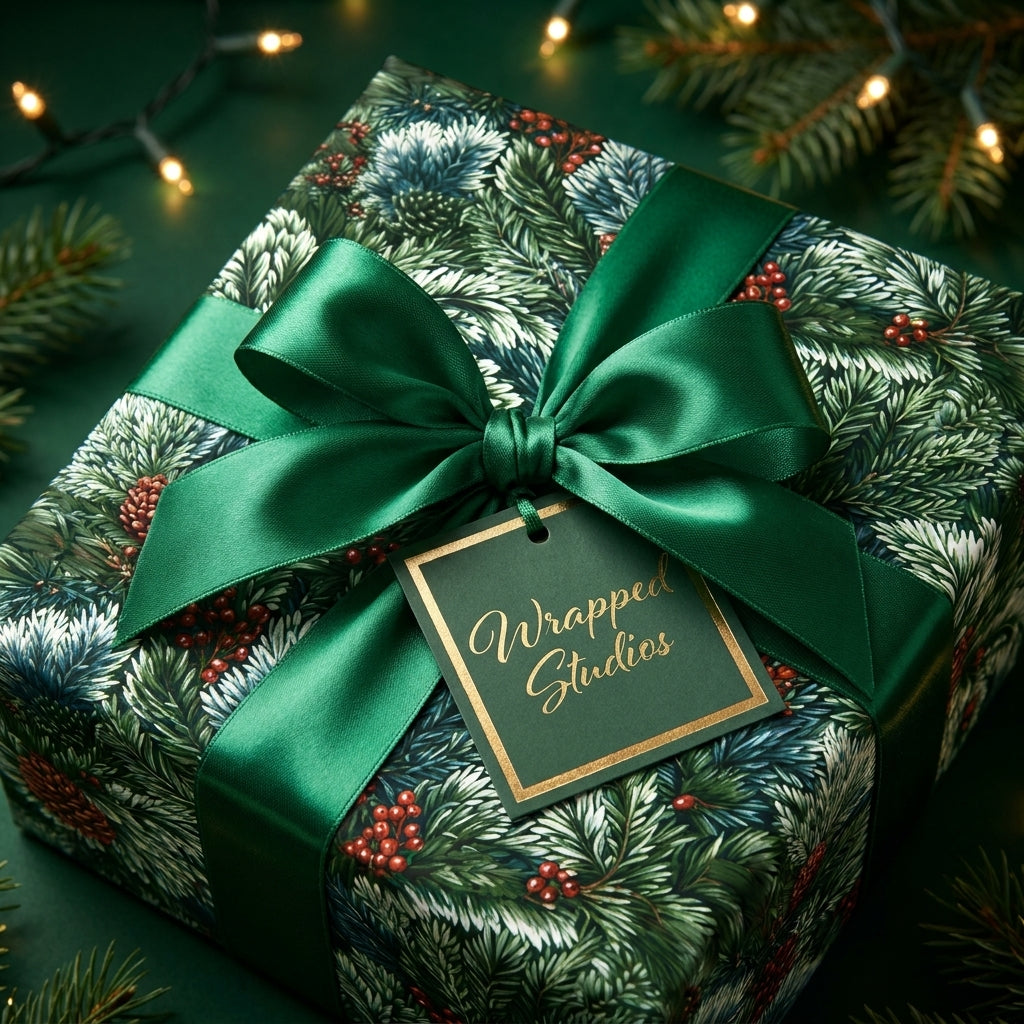 Luxury Christmas gift wrap with pine pattern and green ribbon, featuring a gift tag from Wrapped Studios.