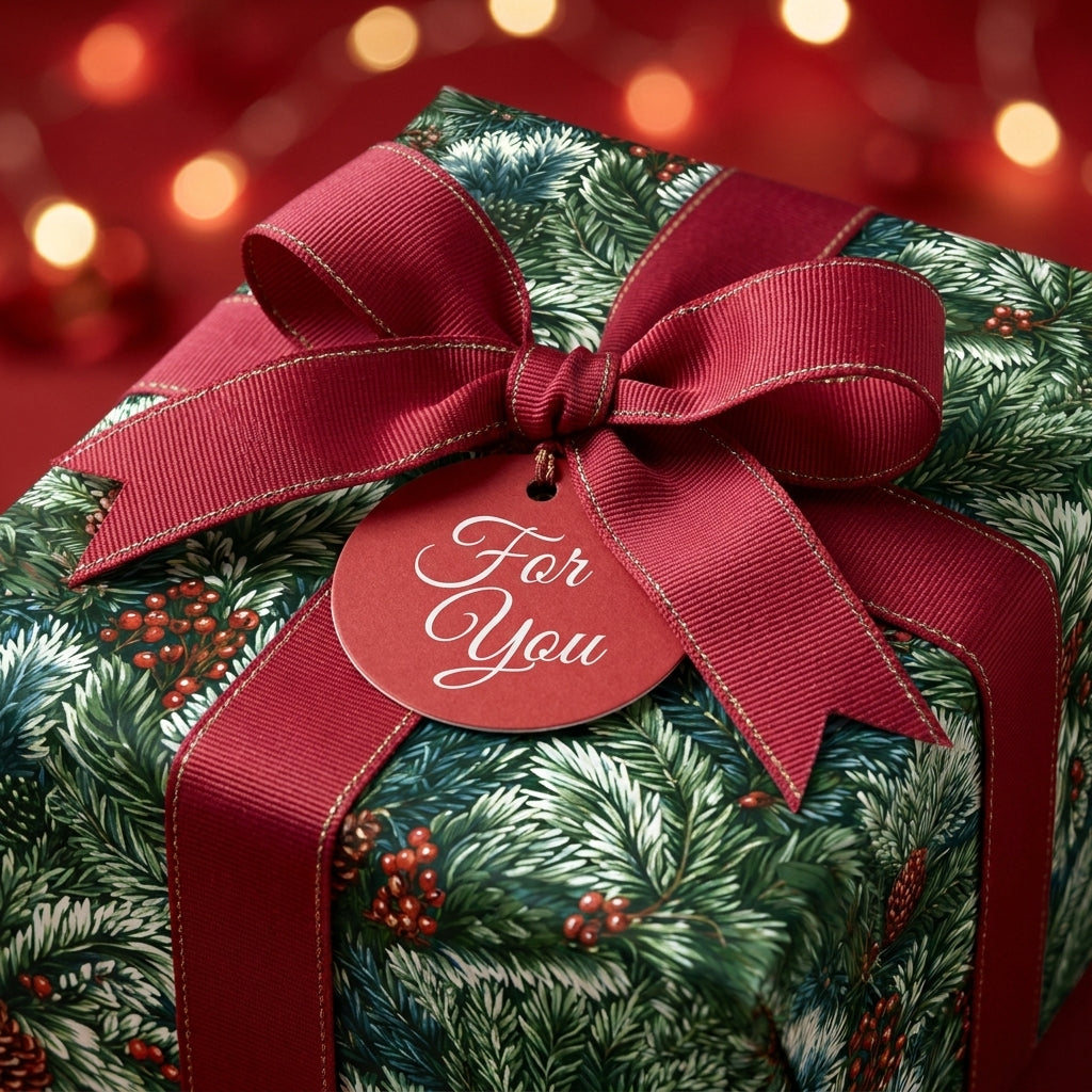 Luxury Christmas gift wrap with pine pattern, red ribbon bow, and gift tag by Wrapped Studios.