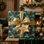 Luxury pine tree Christmas wrapping paper with a gold bow and star tag by Wrapped Studios.