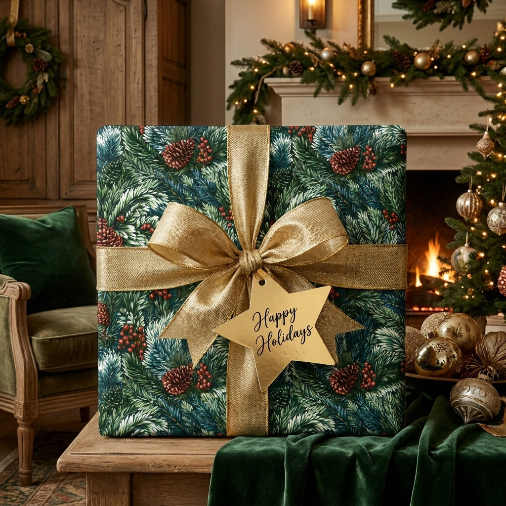 Luxury pine tree Christmas wrapping paper with a gold bow and star tag by Wrapped Studios.