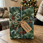 Pinecone Christmas wrapping paper with a twine bow on a holiday gift. By Wrapped Studios.