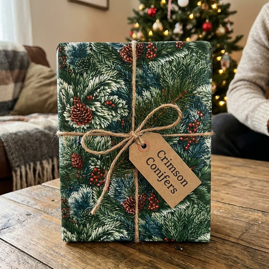 Pinecone Christmas wrapping paper with a twine bow on a holiday gift. By Wrapped Studios.
