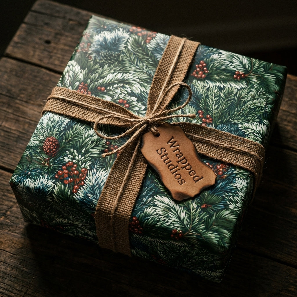 Rustic Christmas gift wrap with green pine pattern, burlap ribbon, and a Wrapped Studios tag on a wood table.