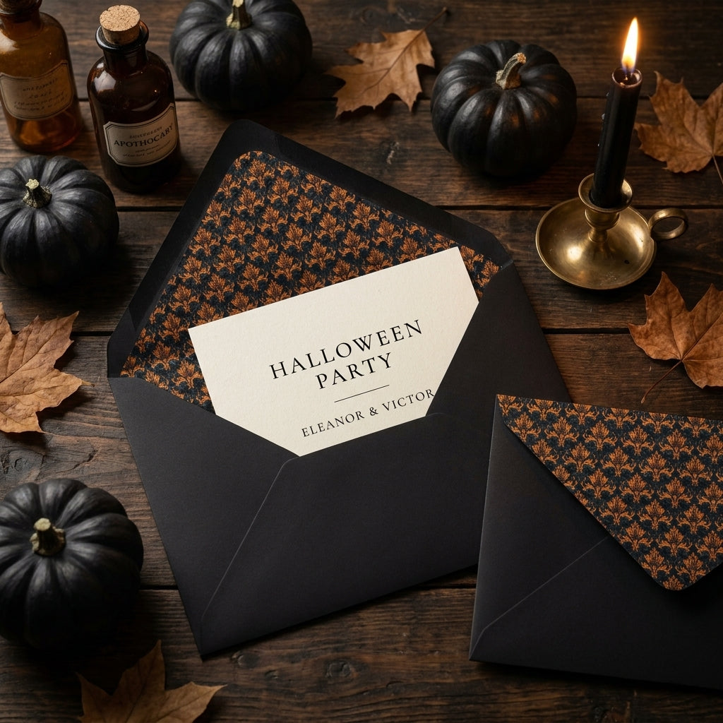 Gothic Halloween invitation in a black envelope with an orange damask liner by Wrapped Studios.