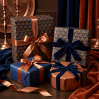 Luxury navy and copper damask gift wrap with elegant velvet ribbons by Wrapped Studios.