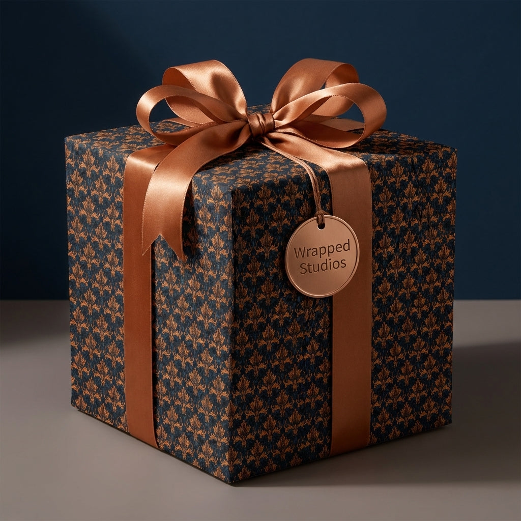 Luxury navy and copper damask wrapping paper with a satin ribbon and gift tag by Wrapped Studios.