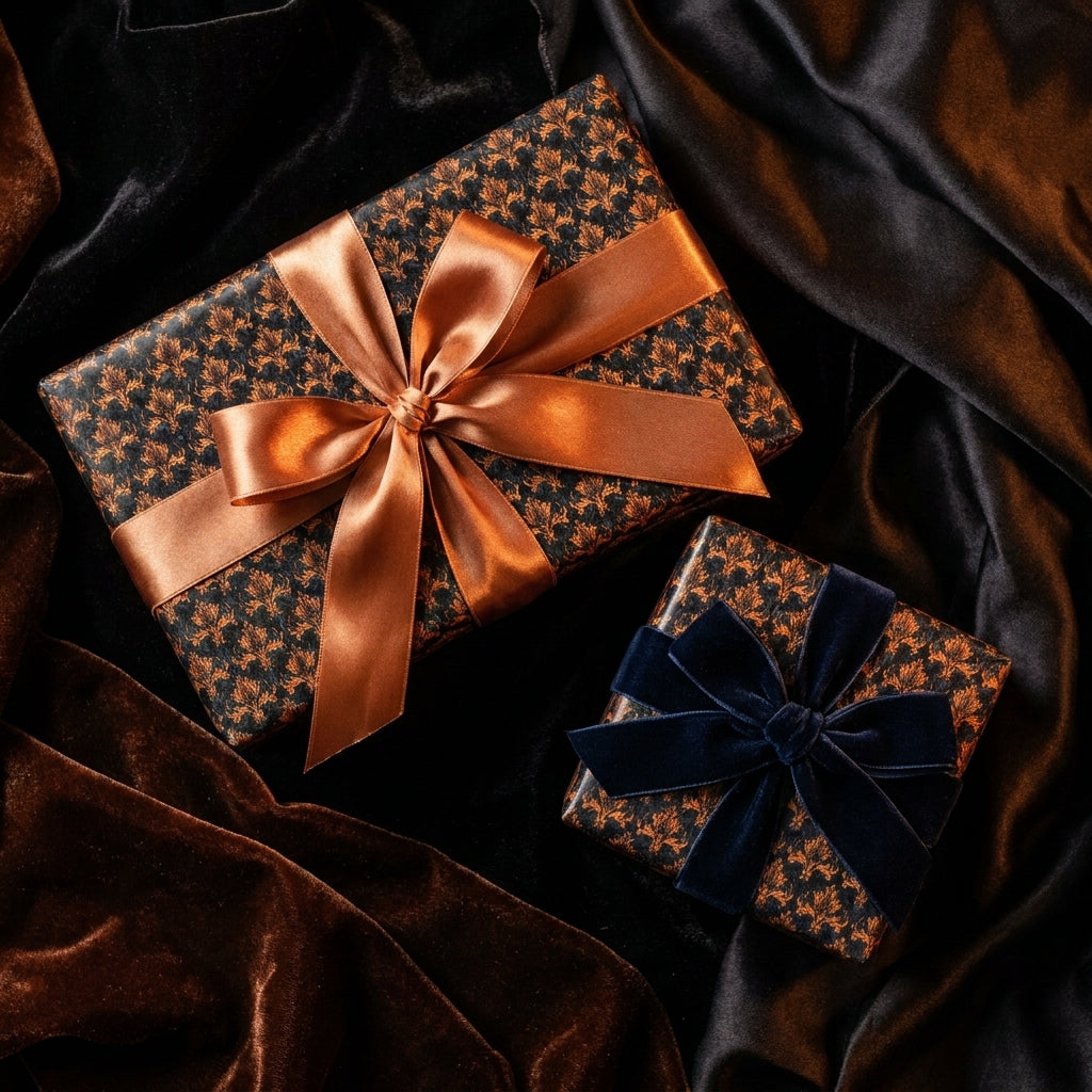 Luxury black and copper wrapping paper with elegant satin and velvet bows, by Wrapped Studios.