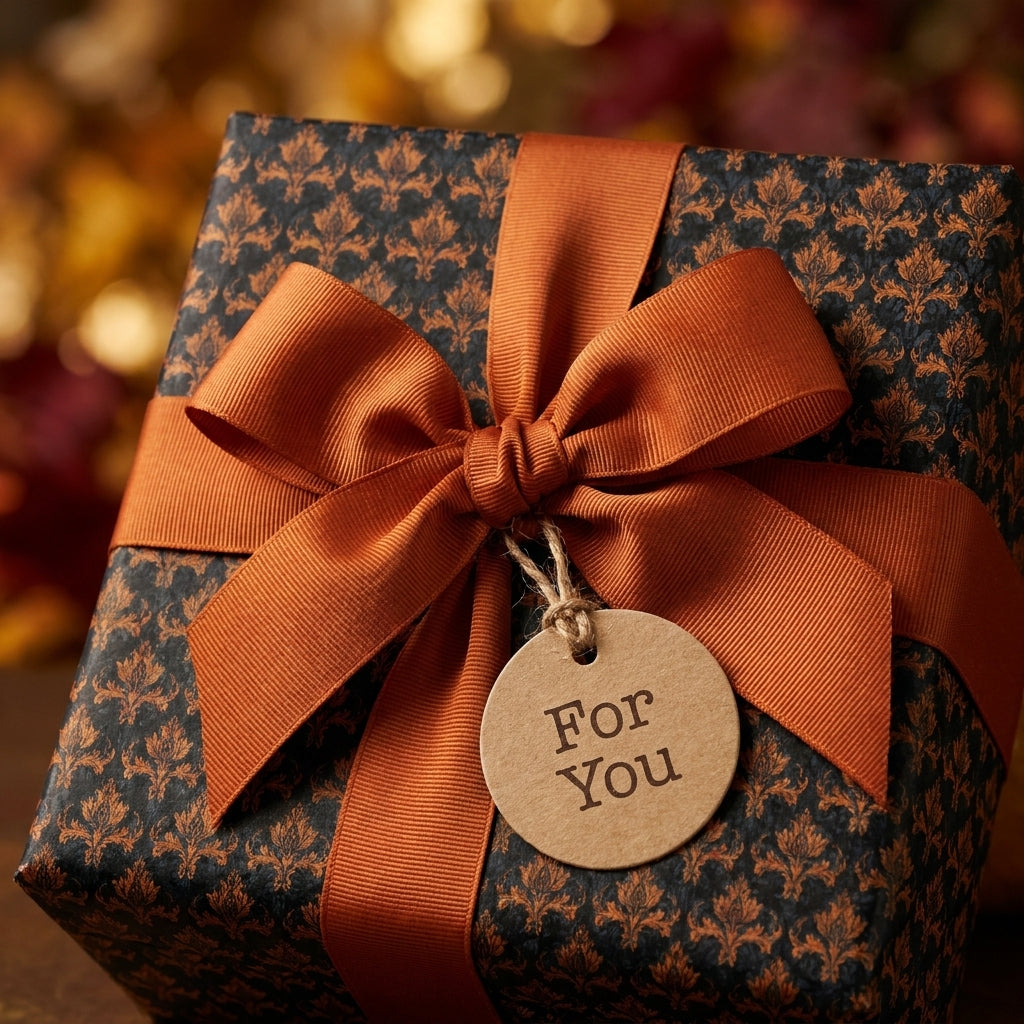 Luxury vintage damask wrapping paper in orange and black with a burnt orange ribbon by Wrapped Studios.