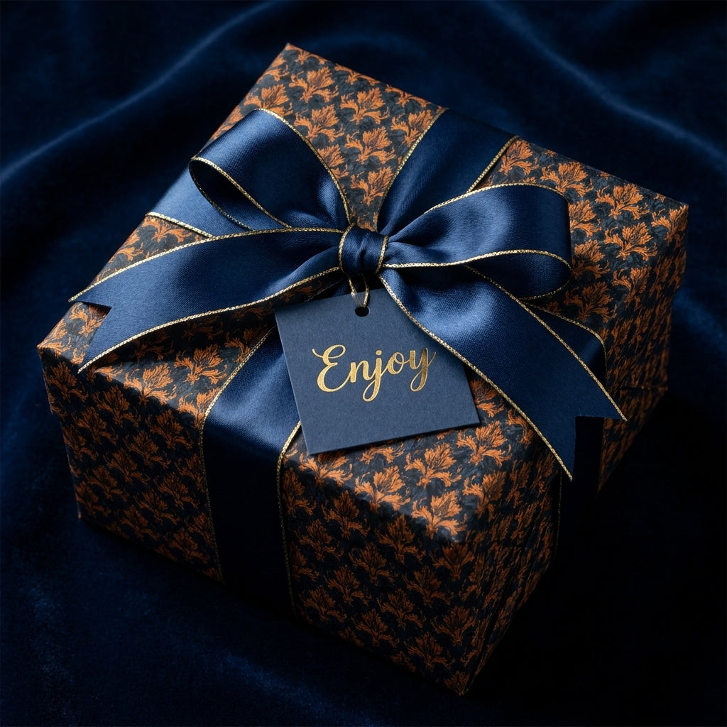 Luxury navy and gold wrapping paper with a satin bow on a gift box by Wrapped Studios.