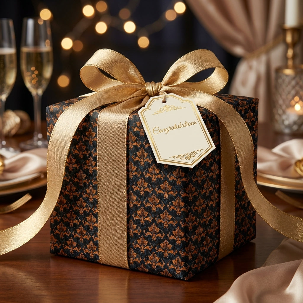 Elegant black and gold damask luxury wrapping paper with a satin ribbon bow by Wrapped Studios.