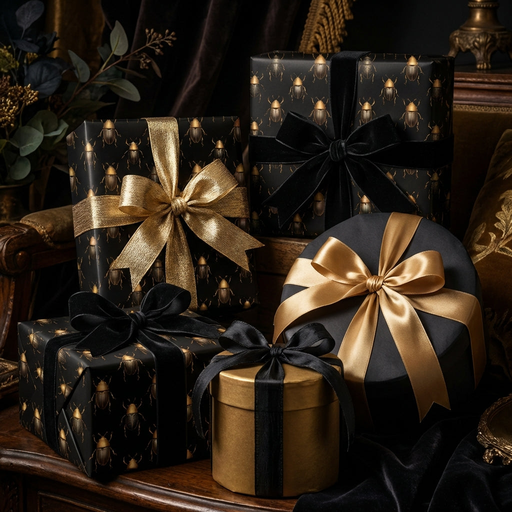 Luxury gift wrap: Elegant presents with gold and black beetle-patterned wrapping paper and velvet ribbons.