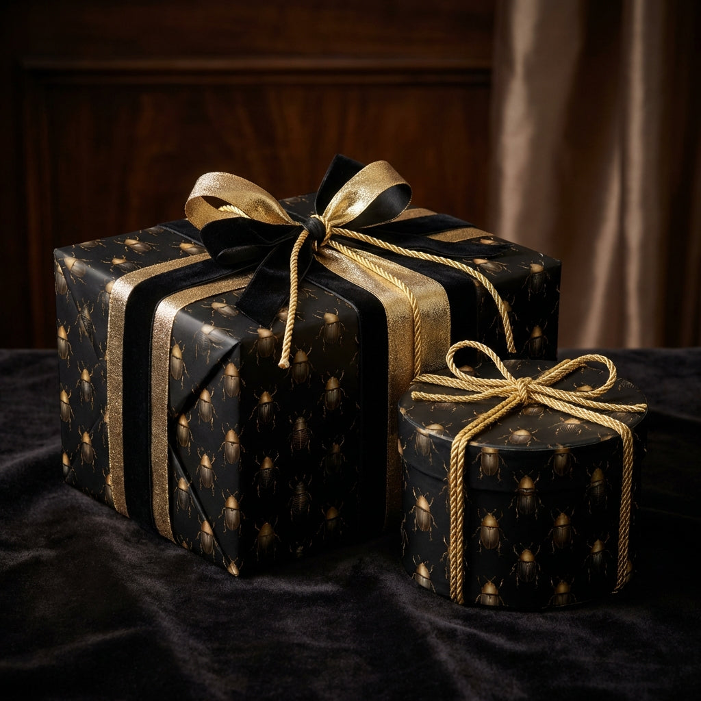 Elegant luxury gift wrap with golden beetle print, tied with black velvet and gold ribbon on square and round boxes.