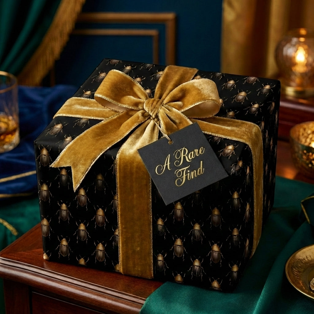 Elegant gift wrapped in black beetle-patterned paper with a gold velvet ribbon and "A Rare Find" tag.