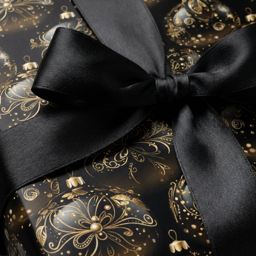 Elegant black and gold Christmas wrapping paper with ornate ornament pattern and satin bow.