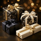Elegant Christmas gift wrap: assorted sizes with black, gold ornament patterns and satin ribbon bows.