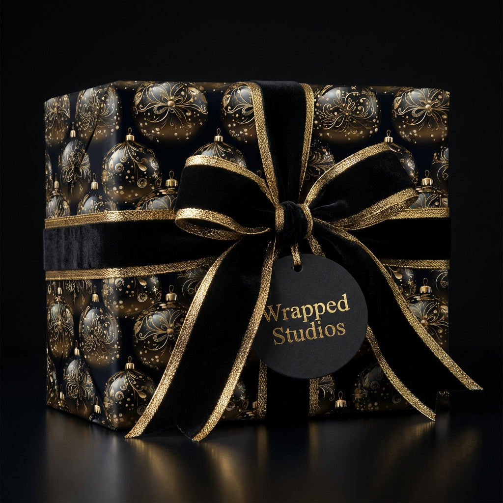 Elegant Christmas gift wrapped in black & gold ornament pattern paper, tied with a velvet ribbon bow.