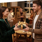 Man exchanging Christmas gift wrapped in elegant black and gold wrapping paper with ribbon at holiday party.
