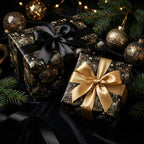 Elegant Christmas gift wrap featuring black and gold ornament pattern with satin bows.