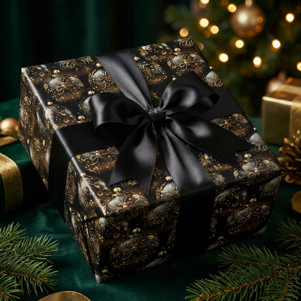 Elegant Christmas gift wrap with gold ornaments and black satin ribbon.