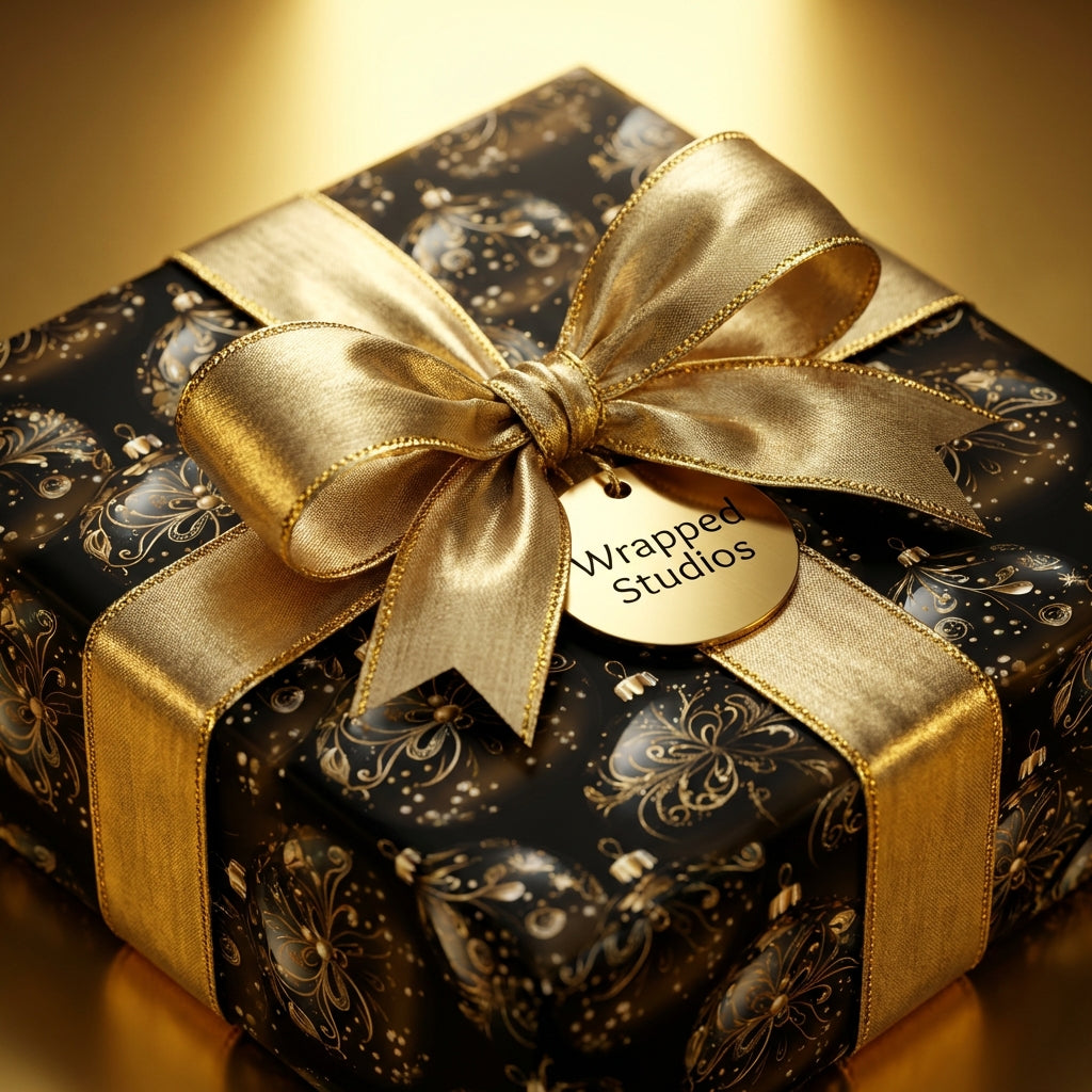 Elegant black gift box with gold ribbon and ornament pattern, perfect for luxury Christmas gift wrap.