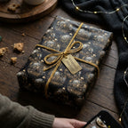 Elegant Christmas gift wrap with gold ornament pattern and twine ribbon on wood table.