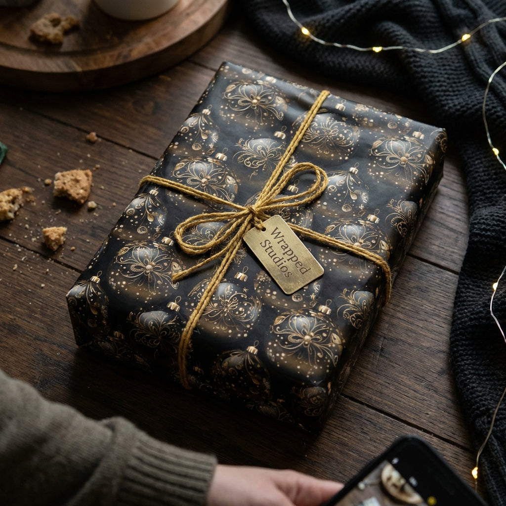 Elegant Christmas gift wrap with gold ornament pattern and twine ribbon on wood table.