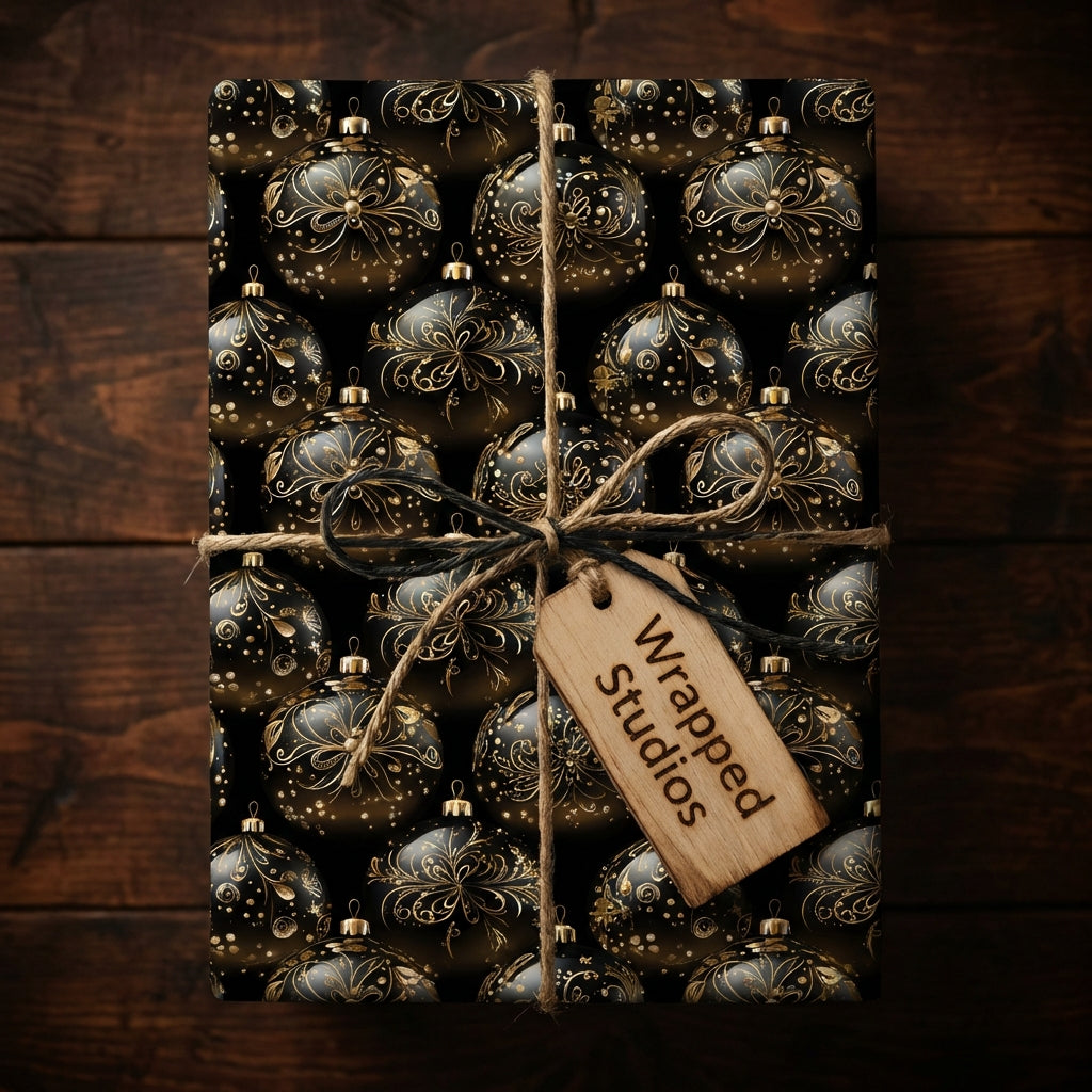 Elegant black and gold Christmas wrapping paper featuring ornament pattern and twine bow.