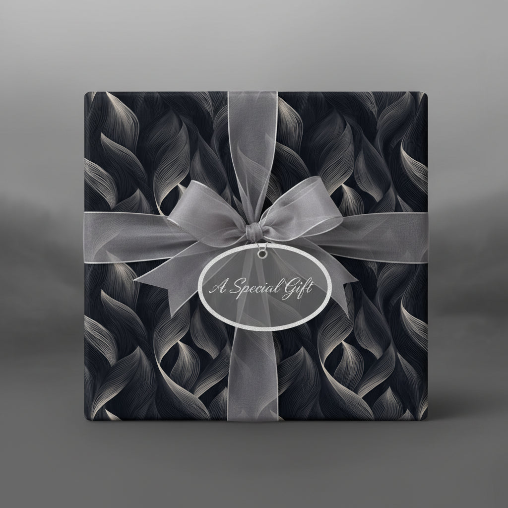 Elegant gift box wrapped in dark gray floral wrapping paper with sheer silver ribbon and "A Special Gift" tag.
