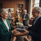 Elegant gift exchange featuring gray geometric wrapping paper with a matching satin bow.