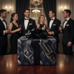 Elegant gift wrapped in black and silver wave pattern luxury wrapping paper, with a black satin bow and "Congratulations" tag.