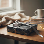 Elegant gift wrapped in modern floral wrapping paper with a silver ribbon on a desk.