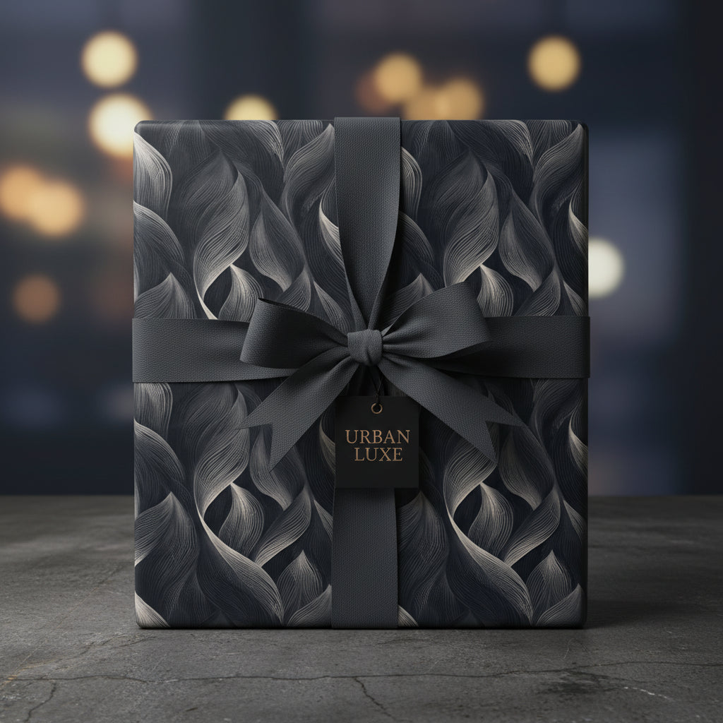 Elegant gift wrapped in luxury gray wrapping paper with a wavy pattern and matching ribbon.