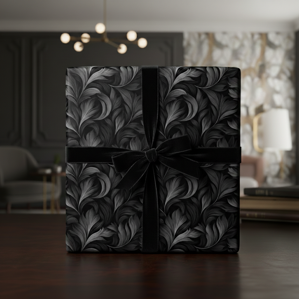 Elegant gift wrapped in black floral wrapping paper with a velvet ribbon, perfect for luxury gifting.