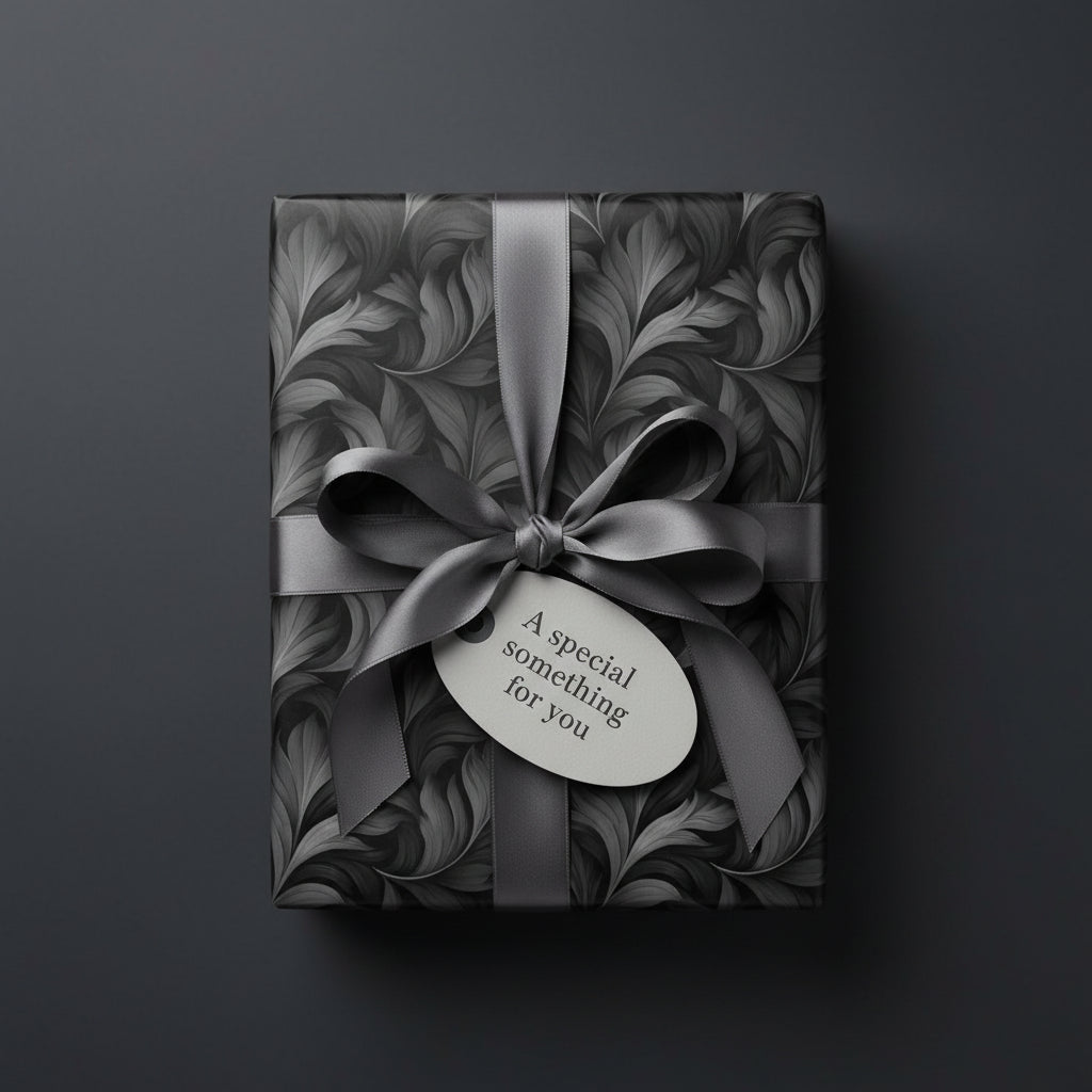 Elegant gift wrapped in gray floral wrapping paper with matching satin ribbon and gift tag.