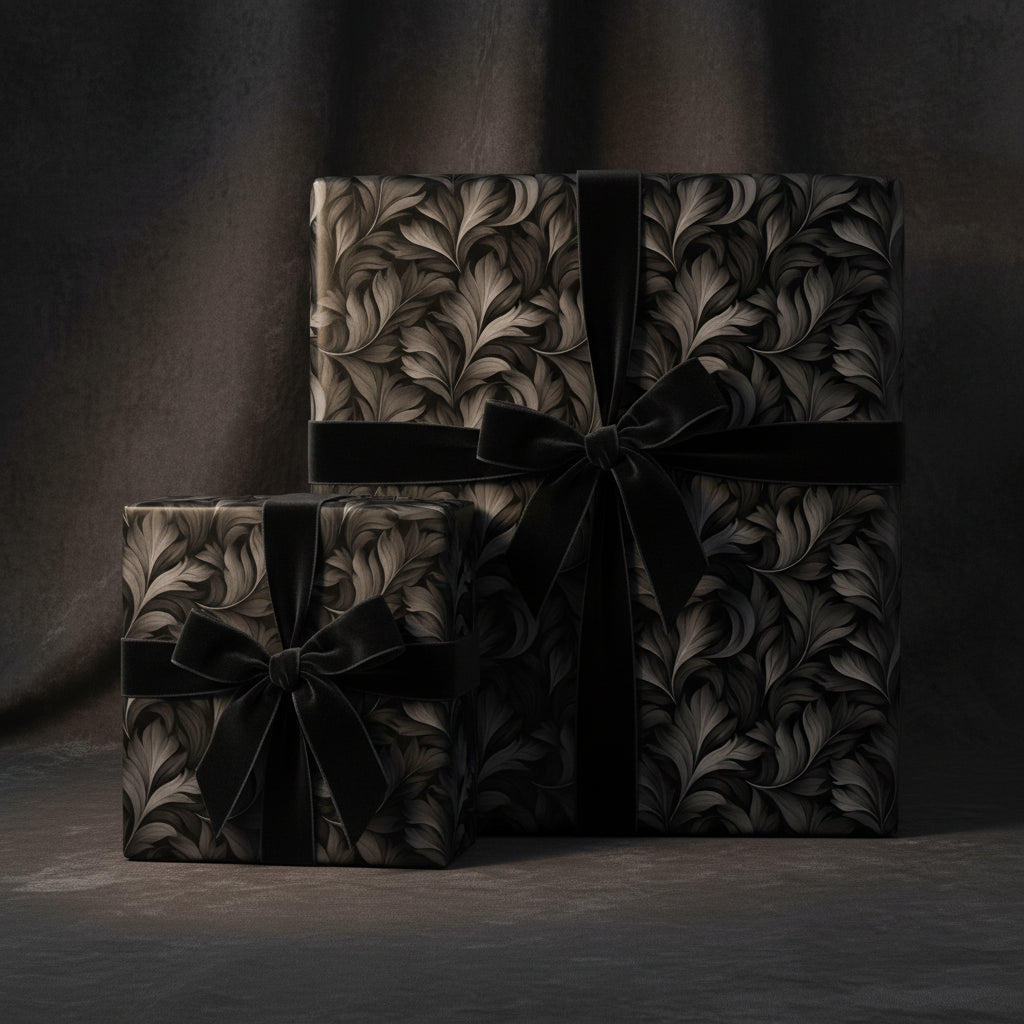 Elegant floral wrapping paper in shades of black and grey, finished with velvet ribbon bows.