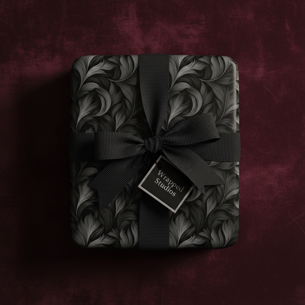 Elegant gift wrapped in black floral wrapping paper with a grosgrain bow, perfect for sophisticated presents.