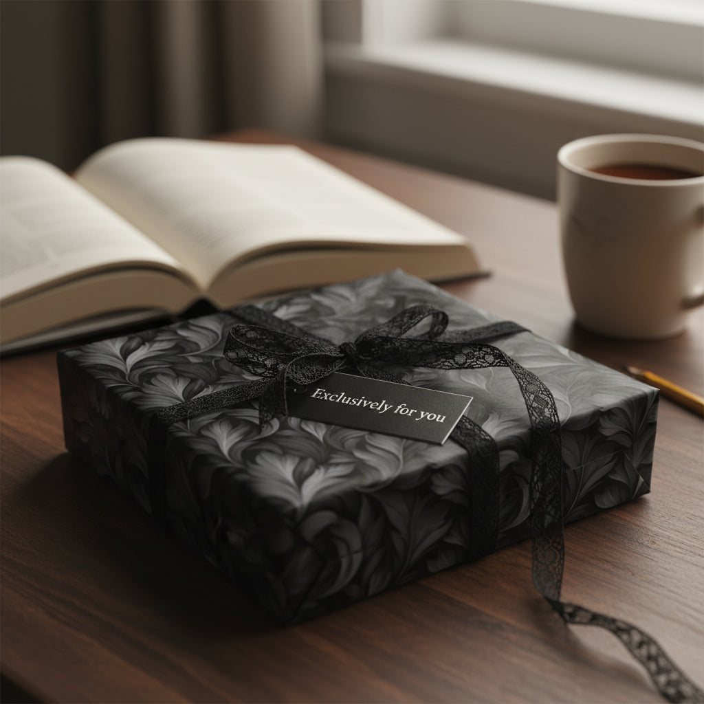 Elegant black floral wrapping paper with lace ribbon on gift box; tag reads "Exclusively for you."