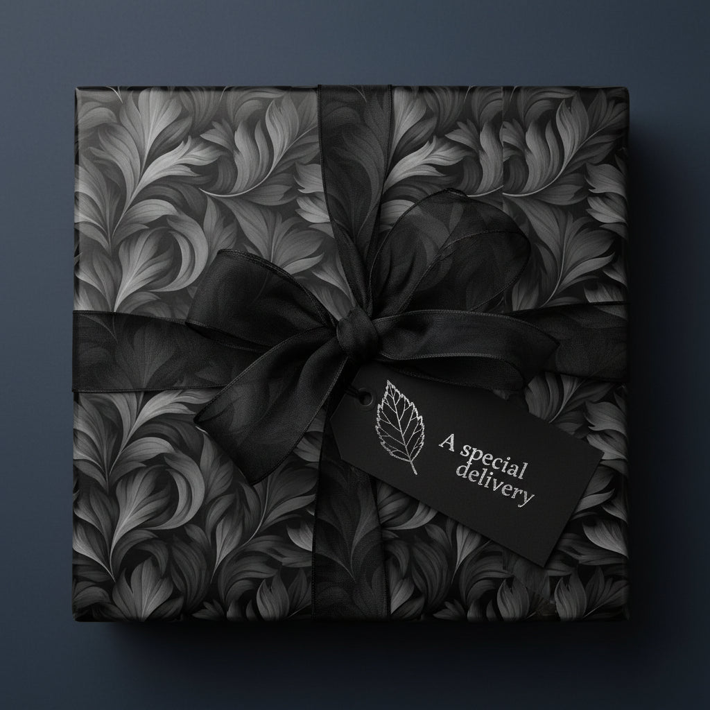 Elegant gift wrapped in black floral wrapping paper with a satin bow and "Special Delivery" tag.