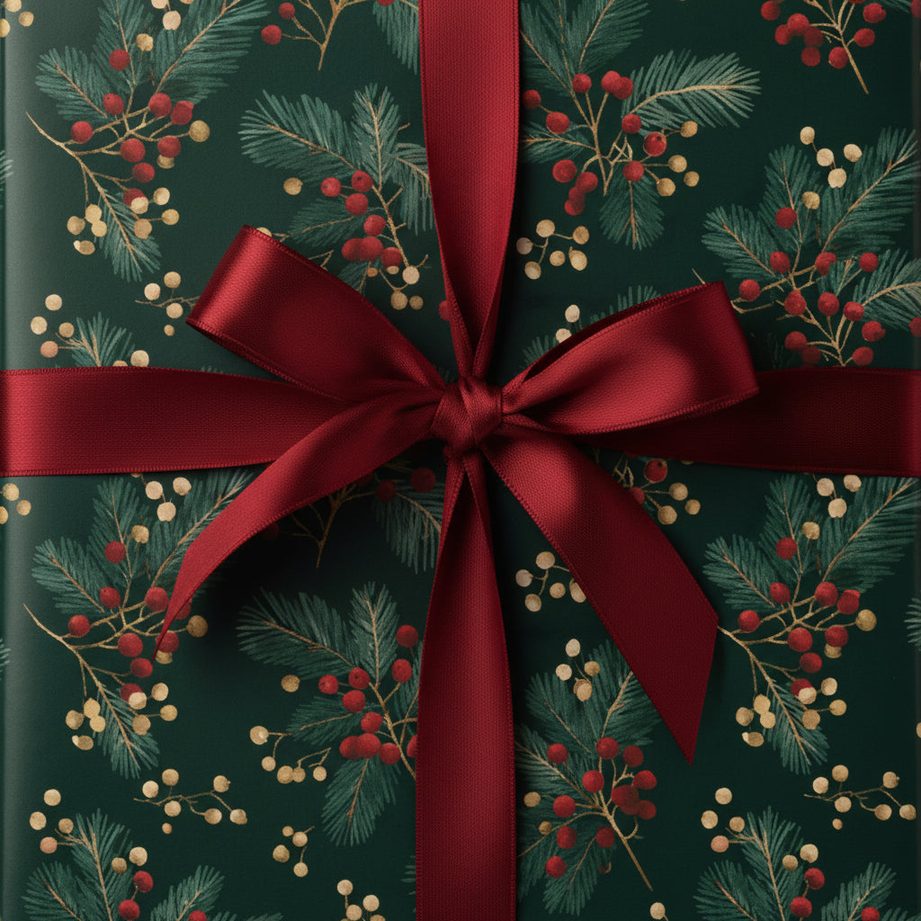 Elegant Christmas gift wrapped in dark green floral wrapping paper with red ribbon.