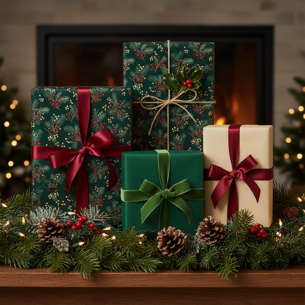 Elegant Christmas gifts wrapped in festive floral wrapping paper with ribbons and pinecone garland.