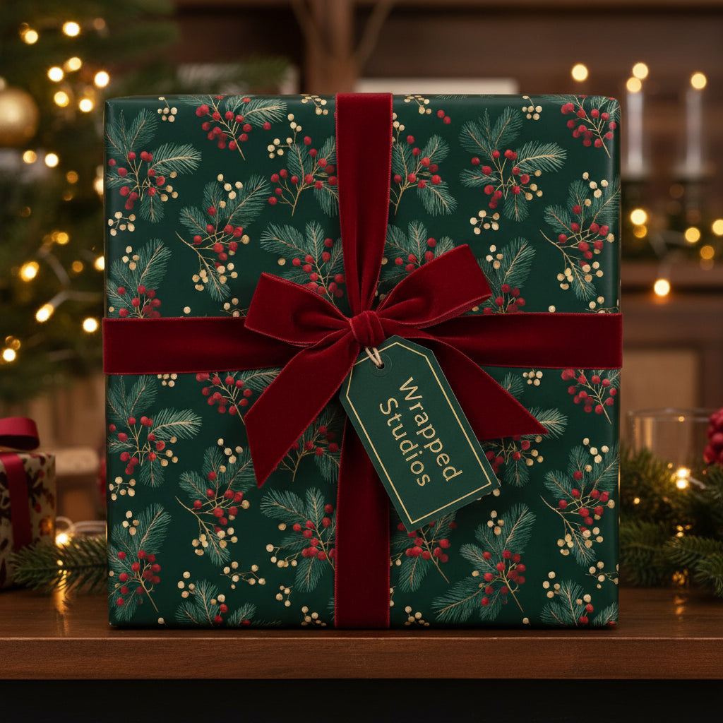 Elegant Christmas gift wrap with a festive red berry and evergreen floral pattern, tied with a velvet ribbon.