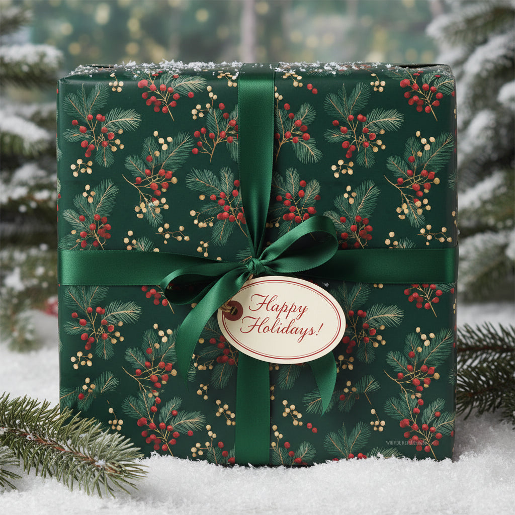 Elegant Christmas gift wrapped in dark green floral wrapping paper with red berries and a green ribbon.