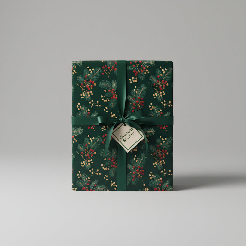 Elegant Christmas gift wrapped in dark green floral wrapping paper with red berries and tied with satin ribbon.