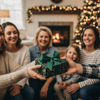 Family exchanging Christmas gift wrapped in dark floral wrapping paper with emerald green ribbon.