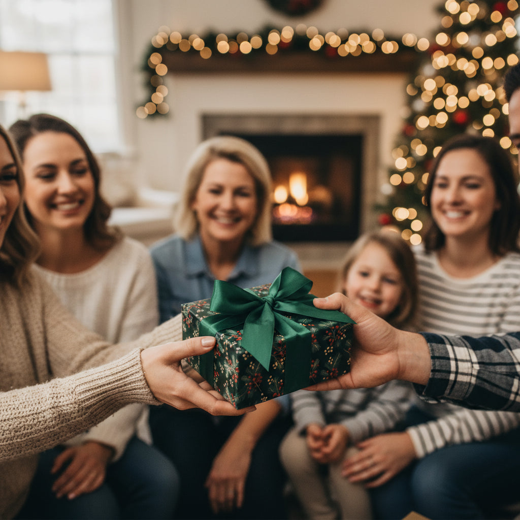 Family exchanging Christmas gift wrapped in dark floral wrapping paper with emerald green ribbon.