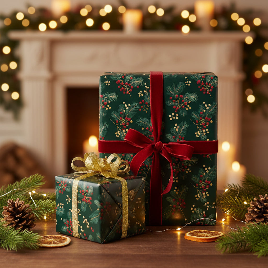 Christmas gift wrap with red velvet ribbon, dark green floral wrapping paper with gold ribbon on smaller box.