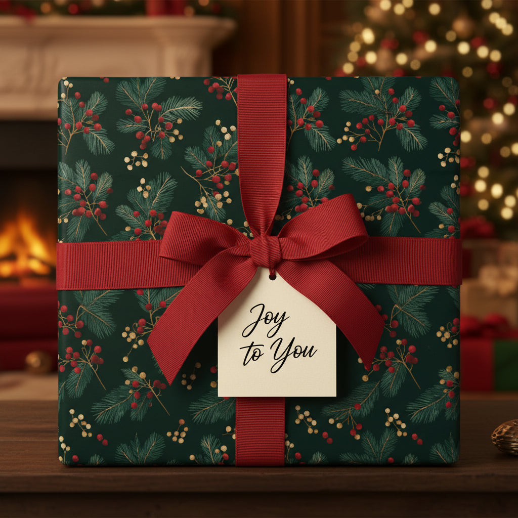 Dark green Christmas gift wrapped in botanical wrapping paper with red ribbon and "Joy to You" tag.