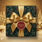 Christmas gift wrapped in dark green floral wrapping paper with gold ribbon and bow.