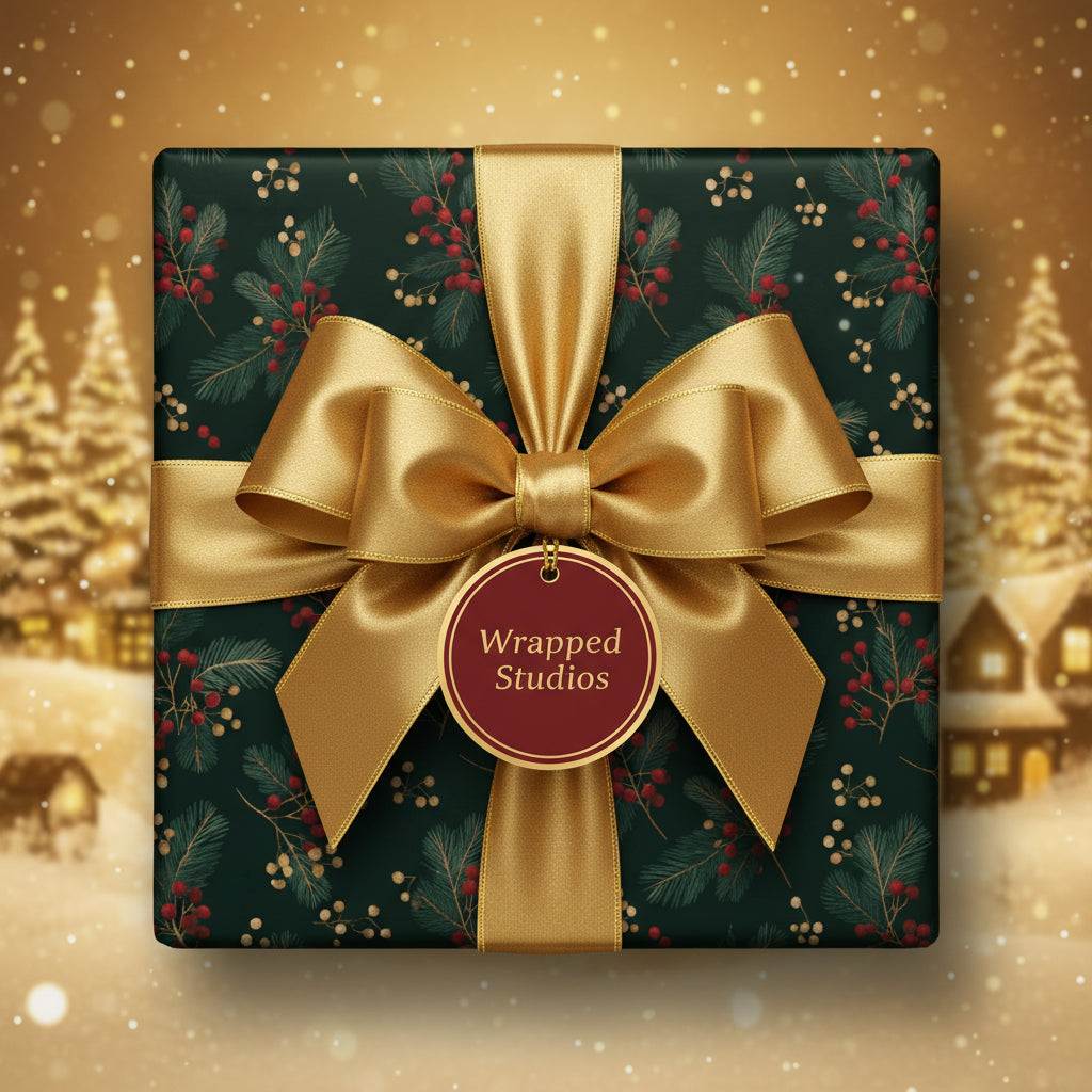 Christmas gift wrapped in dark green floral wrapping paper with gold ribbon and bow.