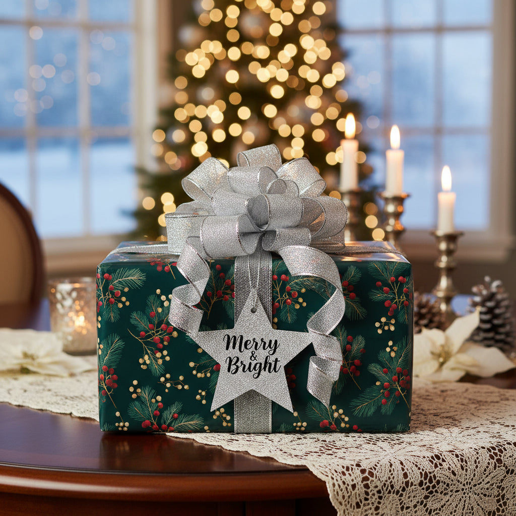 Christmas gift wrapped in dark green floral wrapping paper with silver bow and "Merry & Bright" tag.